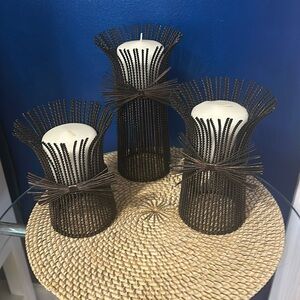 Vintage Set of 3 Rustic Decorative Metal Wheat Stalk Candle Holders with Candles